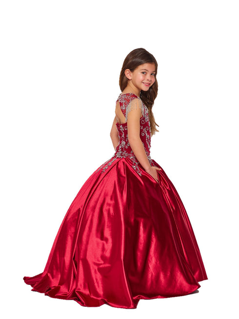 Little Girls Burgundy Cap Shoulder Rhinestone Beaded Fringe Ball Gown 2-6 - SophiasStyle.com
